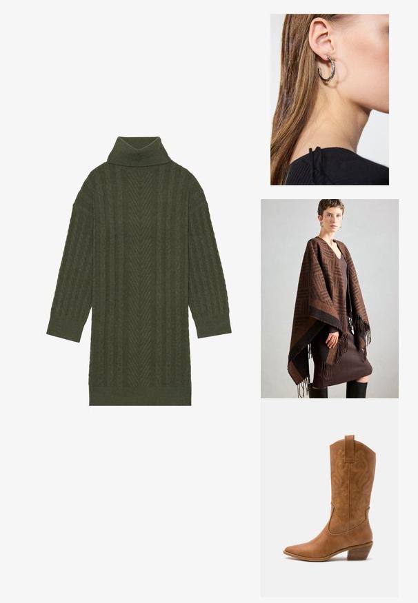 Poncho à motifs marron avec des franges, fabriqué en tissu doux. Superposé sur une robe marron côtelée, présentant un décolleté en V profond et une silhouette ajustée.; Pull à col roulé vert olive avec un motif de tricot câblé texturé, des rayures verticales et des manches trois-quarts.; Bottes de cow-boy en cuir tan avec un bout pointu, des motifs en spirale brodés sur la tige, et un talon bloc empilé. Équipées d'une languette pour un enfilage facile.; Boucle d'oreille en argent avec une finition polie, présentant de petits détails en or et de forme ronde, portée sur le lobe.