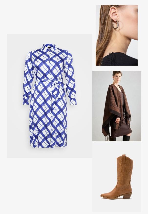 Rudas raštuotas puko su franjomis, pagamintas iš minkštos medžiagos. Uždėtas ant raukšlėto rudo suknelės, kuriai būdingas gilaus V formos iškirptė ir prigludęs siluetas.; Ilgumis rankovės, mygtukų suknele mėlynai-balta langelių raštu su juosmens diržu. Pagaminta iš lengvos medžiagos su švelniu tekstūru.; Ruda odinė kantri batai su smailiu būtų pirštu, siuvinėtais spiralės raštais ant viršaus ir su kamščiu blokuotu kulnu. Yra tamprių užtraukių, kad būtų lengviau užsidėti.; Sidabrinė lankinė auskarai su poliruotu paviršiumi, turintys mažus auksinius akcentus ir apvalią formą, dėvimi ant ausies kaušelio.