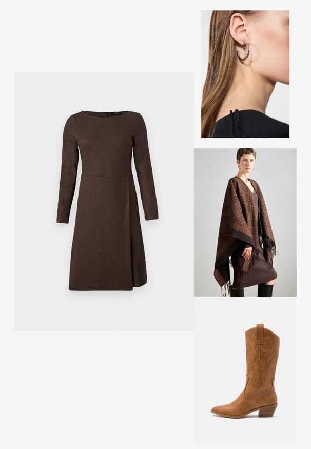 Barna mintás poncsó rojttal, puha anyagból készült. Egy bordázott barna ruhára van ráterítve, amely mély V-nyakkal és testhez simuló fazonnal rendelkezik.; Barna, hosszú ujjú ruha, texturált anyagból, amely a melleknél szűkített, majd a szoknyában bővül, hátul zipzárral záródik.; Barna bőr cowboy csizma hegyes orral, hímzett örvény mintákkal a szárán, és stílusos, réteges blokk sarokkal. Kihúzó füle segíti a könnyű felhúzást.; Ez egy ezüst fülbevaló, sima felülettel, amelyen apró arany díszítőelemek találhatók. Kerek formájú és a fülcimpán viselik.