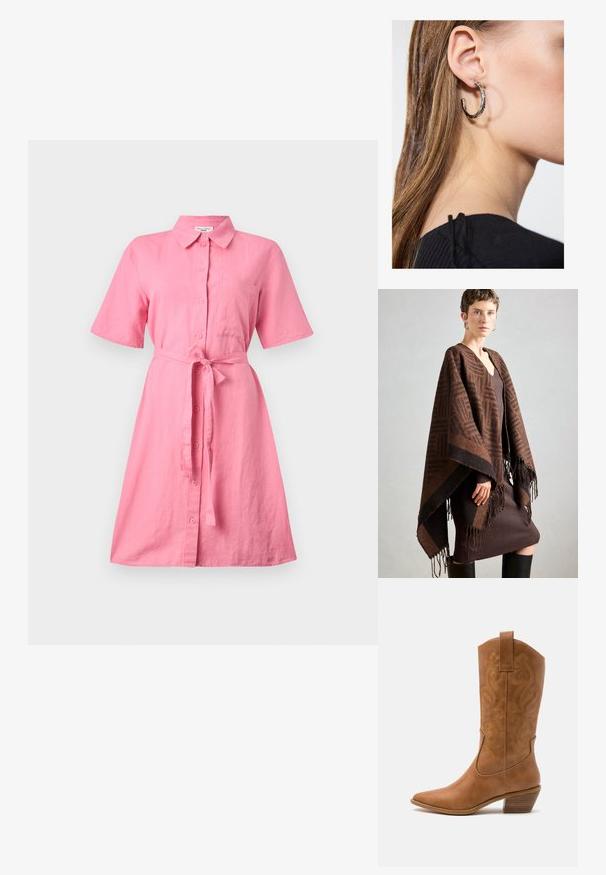 Ruskea kuvioitu poncho, jossa on hapsut, valmistettu pehmeästä kankaasta. Kerroksittain ribatun ruskean mekon päällä, jossa on syvä V-kaula-aukko ja tiukka siluetti.; Vaaleanpunainen pellavapaitamekko, jossa on lyhyet hihat, nappikiinnitys ja vyötäröllä solmittava vyö. Mekossa on rintatasku ja rento mitoitus.; Ruskean nahkainen cowboy-saapas, jossa on terävä kärki, brodeeratut pyörteiset kuviot varressa ja kerroslohko korko. Varustettu nostonipulla helpottamaan pukemista.; Hopea renkaankorvakoru kiiltävällä pinnalla, jossa on pieniä kultaisia yksityiskohtia ja pyöreä muoto, käytetty korvalla.