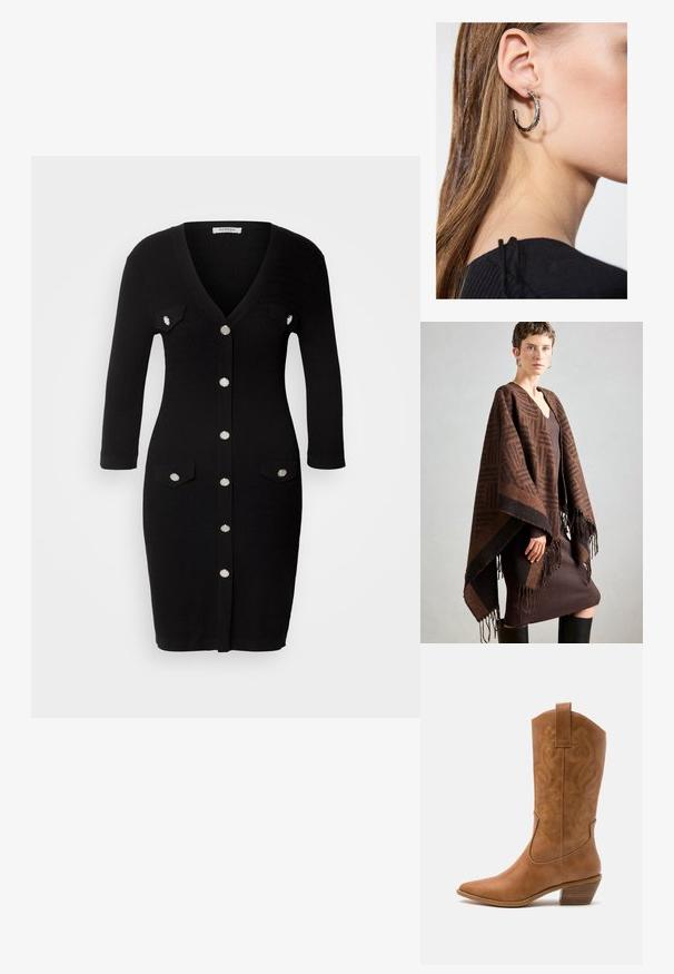 Brunmönstrad poncho med fransar, tillverkad av mjukt tyg. Lager över en ribbad brun klänning med djup V-ringning och figurnära silhuett.; Svart stickad klänning med V-ringning, trekvartslånga ärmar, framknäppning med knappar, två bröstfickor och silverfärgade knappar.; Bruna lädercowboystövlar med spetsig tå, broderade virvelmönster på skaftet och en staplad blockklack. Har en dragflik för enkel påtagning.; Silverörhänge med polerad yta, med små detaljer i guld och rund form, bärs på loben.