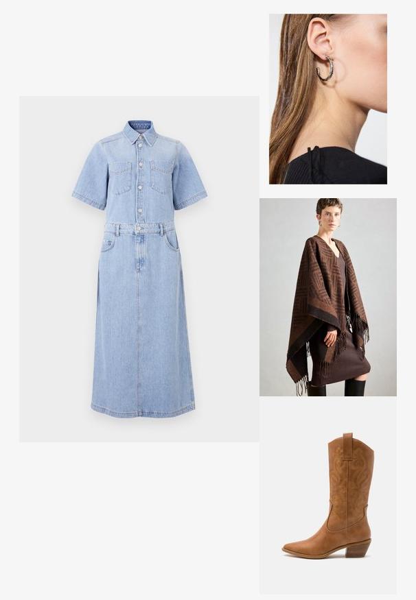 Ruskea kuvioitu poncho, jossa on hapsut, valmistettu pehmeästä kankaasta. Kerroksittain ribatun ruskean mekon päällä, jossa on syvä V-kaula-aukko ja tiukka siluetti.; Vaaleansininen farkkupaitamekko, jossa on lyhyet hihat, kaksi rintataskua, nappi edessä, vyötärö kireällä vyöllä ja pitkä A-linjainen hame.; Ruskean nahkainen cowboy-saapas, jossa on terävä kärki, brodeeratut pyörteiset kuviot varressa ja kerroslohko korko. Varustettu nostonipulla helpottamaan pukemista.; Hopea renkaankorvakoru kiiltävällä pinnalla, jossa on pieniä kultaisia yksityiskohtia ja pyöreä muoto, käytetty korvalla.