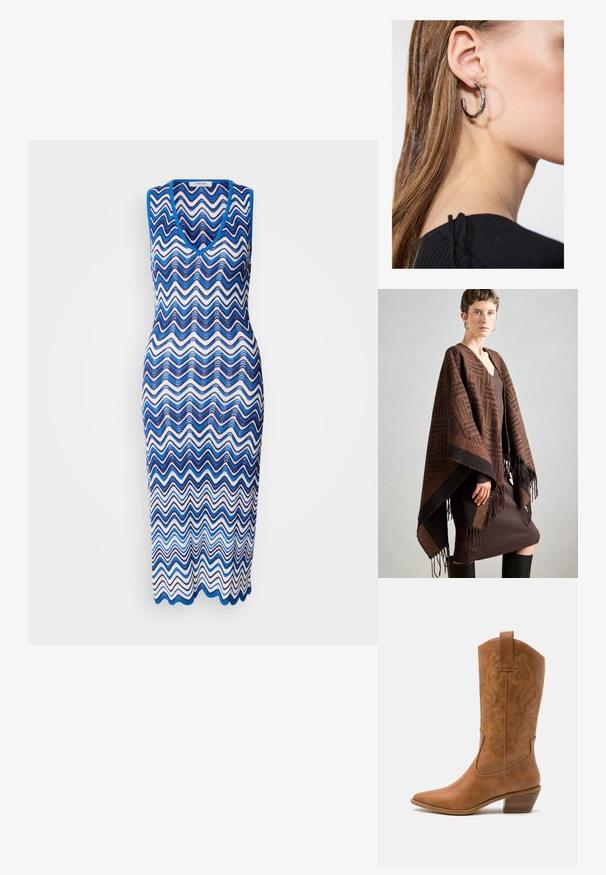 Poncho marrone a fantasia con frange, realizzato in un tessuto morbido. Indossato sopra un abito marrone a coste, caratterizzato da un profondo scollo a V e una silhouette aderente.; Abito lavorato a maglia con un motivo a zig zag ondulato in blu e bianco, con design senza maniche e scollatura a V profonda, taglio alla caviglia.; Stivale cowboy in pelle marrone chiaro con punta affusolata, modelli ricamati a spirale sull'asta e tacco a blocco impilato. Presenta una linguetta per una facile calzata.; Orecchino a cerchio in argento con finitura lucida, caratterizzato da piccoli dettagli in oro e una forma tondeggiante, indossato sul lobo.