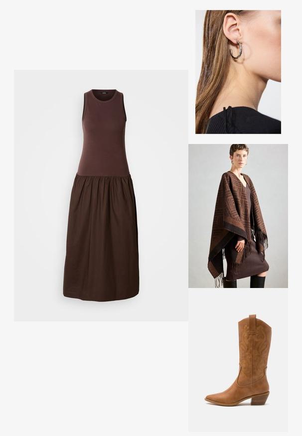 Brun mønstrete poncho med frynser, laget av myk stoff. Lagt over en ribbet brun kjole med dyp V-hals og tettsittende silhuett.; Brun uten ermer kjole med en tettsittende topp og flytende, samlet skjørt. Laget av mykt stoff med en jevn tekstur.; Brune lær cowboy støvel med spiss tå, broderte svirvlende mønstre på skaftet og en stablet blokk hæl. Har en trekksløyfe for enkel påkledning.; Sølv ringøredob med en polert finish, med små gull detaljer og en rund form, båret på øreflippen.