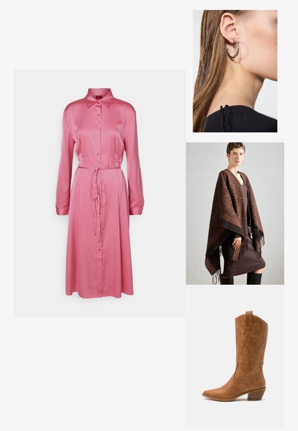 Bruine poncho met patroon en franjes, gemaakt van zachte stof. Gelaagd over een geribbelde bruine jurk met een diepe V-hals en een aansluitende pasvorm.; HUGO KLEOMA - Blousejurk - open pink; Tan leren cowboylaars met puntige neus, geborduurde spiraalpatronen op de schacht en een gestapelde blokhak. Voorzien van een trekband voor gemakkelijke aan- en uittrekken.; Zilveren oorbel met een gepolijste afwerking, met kleine gouden accentdetails en een ronde vorm, gedragen op de oorlel.
