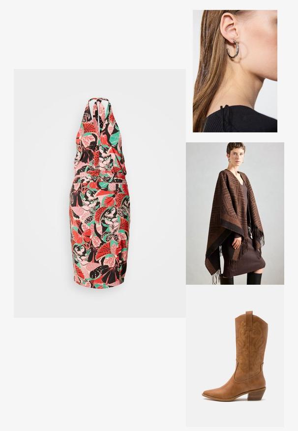 Brązowy ponczo w wzory z frędzlami, wykonane z miękkiego materiału. Nałożone na brązową sukienkę o prążkowanej strukturze, z głębokim dekoltem w kształcie litery V i dopasowanym krojem.; Sukienka na halter z dopasowanym krojem, z kolorowym wzorem kwiatowym w odcieniach różu, zieleni i czerni na jasnym tle.; Brązowe skórzane kowbojki z wyciągniętym nosem, haftowanymi wzorami spiralnymi na cholewie oraz blokowym obcasem. Posiadają pętlę ułatwiającą zakładanie.; Srebrny kolczyk w kształcie koła z polerowanym wykończeniem, z małymi złotymi akcentami, noszony na płatku ucha.