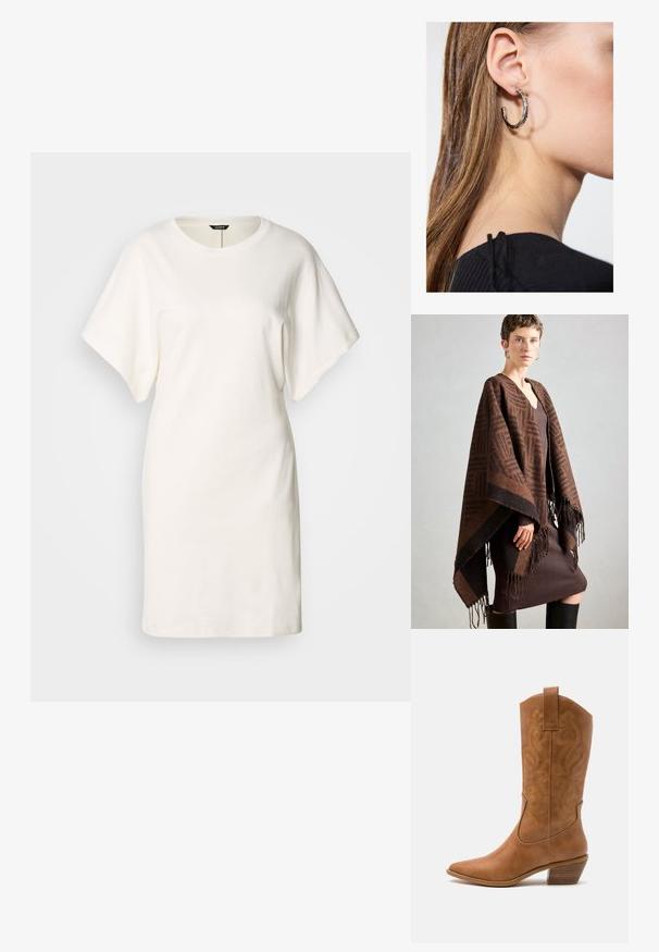 Smeđa pončo s uzorkom i rese, izrađena od mekane tkanine. Nosena preko rebrastih smešnih haljina s dubokim V-izrezom i prilagođenim krojem.; Bijela oversized majica-haljina izrađena od mekog pamuka. Ima okrugli izrez i kratke rukave, s ravnim rubom i minimalističkim dizajnom.; Smeđe kožne kaubojke s oštrim nosom, izvezenim spiralnim uzorcima na gornjem dijelu i blok petom. Imaju potporu za lakše obuvanje.; Srebrna kružna naušnica s poliranim završetkom, koja ima male zlatne detalje i okrugli oblik, nošena na uhu.