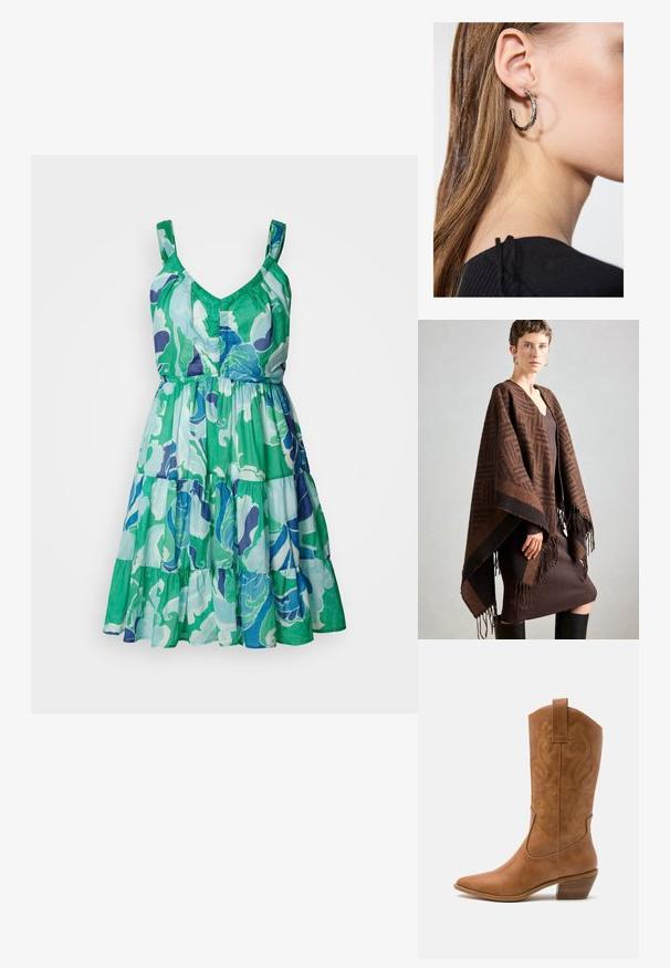 Barna mintás poncsó rojttal, puha anyagból készült. Egy bordázott barna ruhára van ráterítve, amely mély V-nyakkal és testhez simuló fazonnal rendelkezik.; Ujjatlan ruha, V-nyakkivágással, réteges szoknyával, zöld, kék és lila virágmintával, könnyű anyagon.; Barna bőr cowboy csizma hegyes orral, hímzett örvény mintákkal a szárán, és stílusos, réteges blokk sarokkal. Kihúzó füle segíti a könnyű felhúzást.; Ez egy ezüst fülbevaló, sima felülettel, amelyen apró arany díszítőelemek találhatók. Kerek formájú és a fülcimpán viselik.