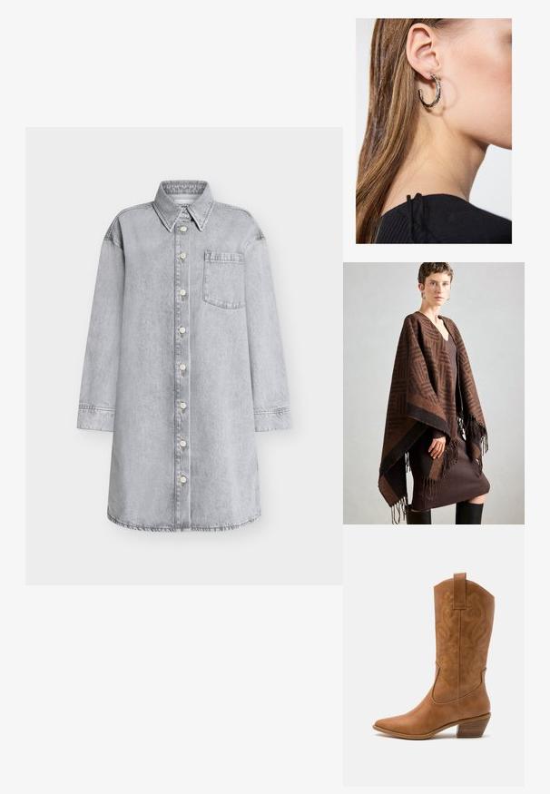 Brun mønstrete poncho med frynser, laget av myk stoff. Lagt over en ribbet brun kjole med dyp V-hals og tettsittende silhuett.; Lys grå denim kjoleskjorte med knappelukking foran, spiss krage, lange ermer og brystlomme. Glatt tekstur.; Brune lær cowboy støvel med spiss tå, broderte svirvlende mønstre på skaftet og en stablet blokk hæl. Har en trekksløyfe for enkel påkledning.; Sølv ringøredob med en polert finish, med små gull detaljer og en rund form, båret på øreflippen.