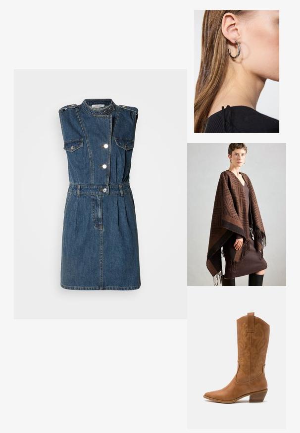 Hnedý vzorovaný pončo s třásněmi, vyrobené z měkké látky. Položené na hnědé šaty s jemným žebrováním, které mají hluboký V-výstřih a přiléhavý siluetu.; Bezrúškov dress v tmavomodrej farbe s vysokým golierom, striebornými gombíkmi, dvoma náprsníkovými vreckami, opaskom v páse a skladanou sukňou.; Hnedé kožené kovbojské topánky s špicatou špičkou, vyšívanými vírivkami na štýle a blokovým podpätkom. Obsahuje praktický pútko na ľahké obúvanie.; Strieborná kruhová náušnica s lesklým povrchom, obsahujúca malé zlaté akcenty a okrúhly tvar, nosená na lalôčiku ucha.