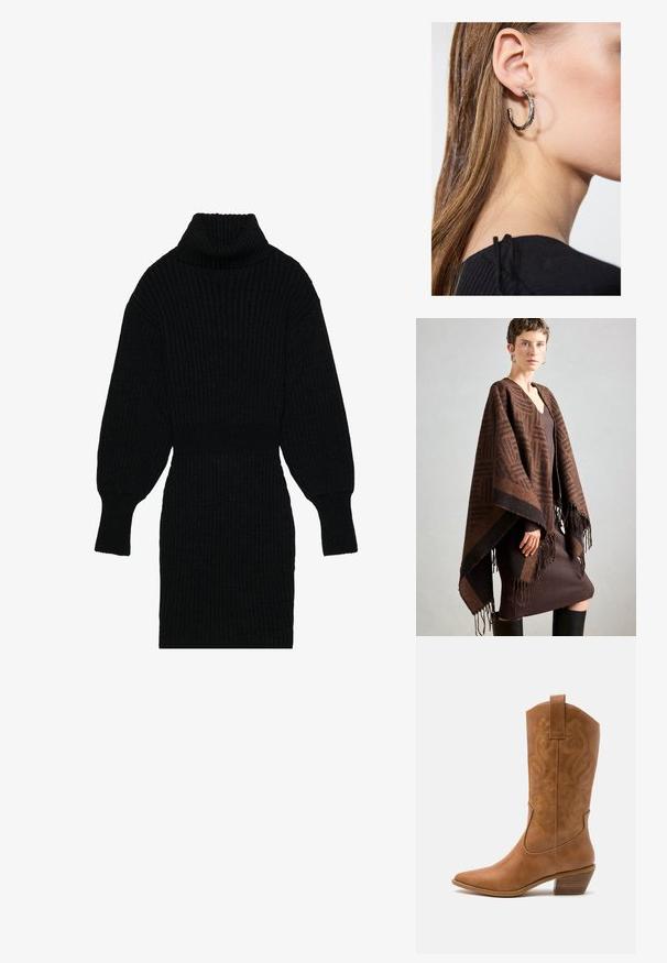 Poncho à motifs marron avec des franges, fabriqué en tissu doux. Superposé sur une robe marron côtelée, présentant un décolleté en V profond et une silhouette ajustée.; Robe en tricot côtelé noire avec un col haut, des manches ballon longs et une taille cintrée, mettant en valeur un tissu texturé et une silhouette épurée.; Bottes de cow-boy en cuir tan avec un bout pointu, des motifs en spirale brodés sur la tige, et un talon bloc empilé. Équipées d'une languette pour un enfilage facile.; Boucle d'oreille en argent avec une finition polie, présentant de petits détails en or et de forme ronde, portée sur le lobe.