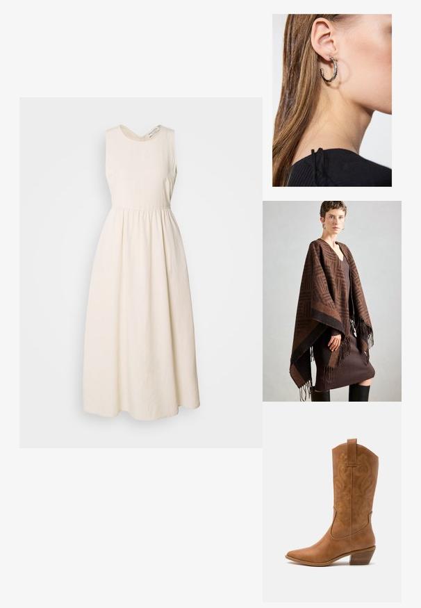 Ruskea kuvioitu poncho, jossa on hapsut, valmistettu pehmeästä kankaasta. Kerroksittain ribatun ruskean mekon päällä, jossa on syvä V-kaula-aukko ja tiukka siluetti.; Hame dress ilman hihoja, vaaleancremestä kevyestä kankaasta, jossa on V-mallinen kaula-aukko, kapeutettu vyötärö ja virtaava nilkkaan ulottuva hame.; Ruskean nahkainen cowboy-saapas, jossa on terävä kärki, brodeeratut pyörteiset kuviot varressa ja kerroslohko korko. Varustettu nostonipulla helpottamaan pukemista.; Hopea renkaankorvakoru kiiltävällä pinnalla, jossa on pieniä kultaisia yksityiskohtia ja pyöreä muoto, käytetty korvalla.