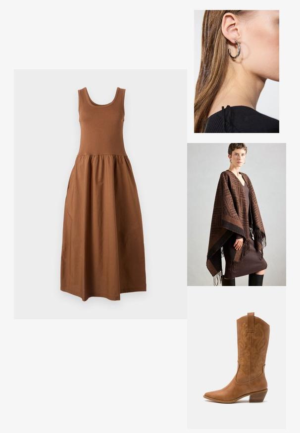 Brązowy ponczo w wzory z frędzlami, wykonane z miękkiego materiału. Nałożone na brązową sukienkę o prążkowanej strukturze, z głębokim dekoltem w kształcie litery V i dopasowanym krojem.; Brąsowa sukienka bez rękawów z dopasowaną górą i swobodnie spływającą, marszczoną spódnicą. Wykonana z miękkiego materiału, ma okrągły dekolt i długość midi.; Brązowe skórzane kowbojki z wyciągniętym nosem, haftowanymi wzorami spiralnymi na cholewie oraz blokowym obcasem. Posiadają pętlę ułatwiającą zakładanie.; Srebrny kolczyk w kształcie koła z polerowanym wykończeniem, z małymi złotymi akcentami, noszony na płatku ucha.