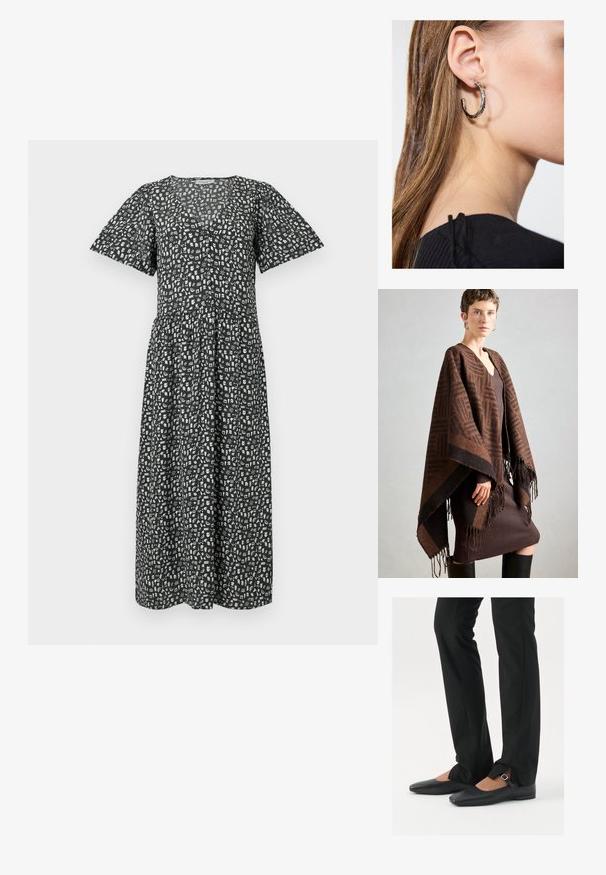 Barna mintás poncsó rojttal, puha anyagból készült. Egy bordázott barna ruhára van ráterítve, amely mély V-nyakkal és testhez simuló fazonnal rendelkezik.; Fekete midi ruha rövid fodros ujjakkal, fehér absztrakt mintázattal, V-kivágással és rakott derékkal a laza illeszkedésért.; Fekete bőr balettcipők hegyes orral, ezüst csattal ellátott pánttal, fekete szabott nadrággal, amelynek hasított szegélye van.; Ez egy ezüst fülbevaló, sima felülettel, amelyen apró arany díszítőelemek találhatók. Kerek formájú és a fülcimpán viselik.