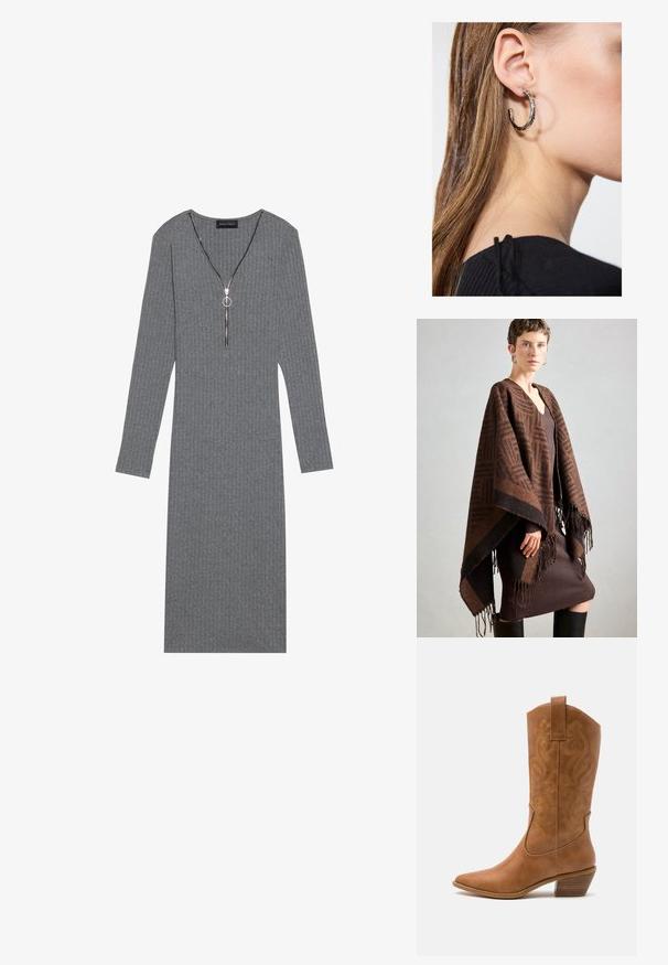 Brūns rakstains pončo ar franjām, izgatavots no mīkstas auduma. Valkāts virs ribota brūna kleitas, kurai ir dziļa V-veida kakla izgriezums un pieguļošs siluets.; Pelēka ribota kleita ar garām piedurknēm, dziļu V formas izgriezumu un sudraba rāvējslēdzēju, ar apļveida vilkšanas cilpu un pieguļošu siluetu.; Brūni ādas kovboju zābaks ar norādītu purngalu, izšūtām viļņveida apakšējo detaļu un sakrautajiem blokiem. Iezīmēts ar velkšanas cilpu ērtai uzvilkšanai.; Sudraba auskars ar pulētu apdari, ar maziem zelta akcentiem un apaļu formu, uz ausu ļipiņas.