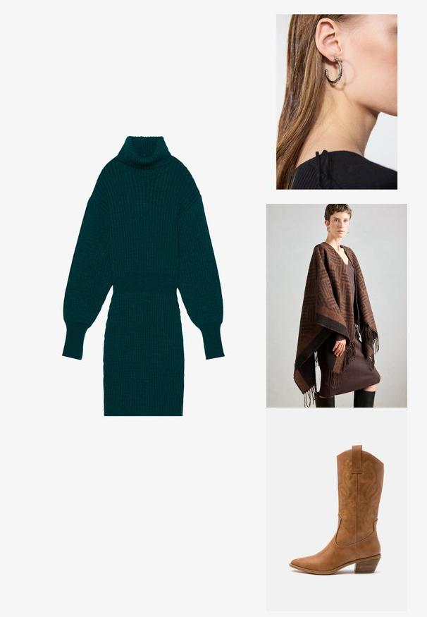 Καφέ poncho με μοτίβο και φ fringe, κατασκευασμένο από μαλακό ύφασμα. Φορεμένο πάνω από ένα καφέ φόρεμα με ραβδωτό σχέδιο, που διαθέτει βαθύ V-ντεκολτέ και εφαρμοστή σιλουέτα.; Τιρκουάζ πλεκτό φόρεμα με ψηλό γιακά και μπαλόνι μανίκια. Διαθέτει στενή μέση και υφασμάτινη υφή για προσθήκη διάστασης.; Καφέ δερμάτινο καουμπόικο μποτάκι με μυτερή μύτη, κεντημένα σχέδια σε σπειροειδείς γραμμές στον κορμό και σωρό από μπλοκ τακούνι. Διαθέτει λουρί για εύκολη φόρεση.; Ασημένιο σκουλαρίκι κρίκος με γυαλιστερή φινίρισμα, που διαθέτει μικρές χρυσές λεπτομέρειες και στρογγυλό σχήμα, φορεμένο στον λοβό.