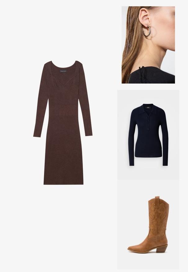 Smeđa pončo s uzorkom i rese, izrađena od mekane tkanine. Nosena preko rebrastih smešnih haljina s dubokim V-izrezom i prilagođenim krojem.; Mornarsko polo majica s dugim rukavima, izrađena od teksturirane rebraste tkanine, s ovratnikom, placketom s gumbima i prilagođenim siluetom.; Smeđi rebrasti haljina dugih rukava s zaobljenim izrezom i prilagodljivim krojem. Sadrži V-oblika šavove na tijelu.; Smeđe kožne kaubojke s oštrim nosom, izvezenim spiralnim uzorcima na gornjem dijelu i blok petom. Imaju potporu za lakše obuvanje.; Srebrna kružna naušnica s poliranim završetkom, koja ima male zlatne detalje i okrugli oblik, nošena na uhu.