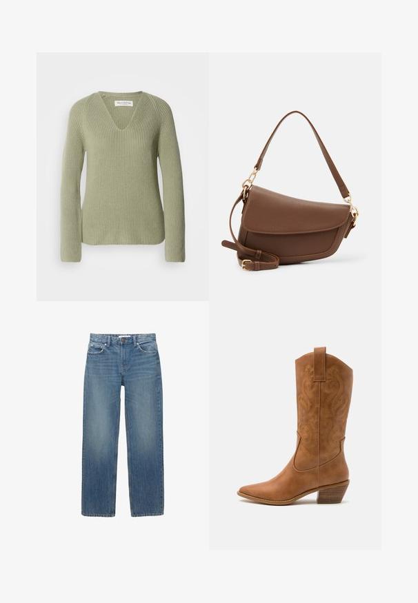 Bruine poncho met patroon en franjes, gemaakt van zachte stof. Gelaagd over een geribbelde bruine jurk met een diepe V-hals en een aansluitende pasvorm.; Gebreide trui in lichtgroen, met een V-hals, lange mouwen en een ribbelstructuur. Label zichtbaar bij de halslijn.; Lichtblauwe denim jeans met een rechte snit, vijf zakken en koperen hardware. De stof heeft een lichte vervaging en een gladde textuur.; Tan leren cowboylaars met puntige neus, geborduurde spiraalpatronen op de schacht en een gestapelde blokhak. Voorzien van een trekband voor gemakkelijke aan- en uittrekken.; Bruine leren schoudertas met een gestructureerde afwerking, gebogen vorm, hardware in goudkleur, verstelbare schouderband en klepafsluiting.; Zilveren oorbel met een gepolijste afwerking, met kleine gouden accentdetails en een ronde vorm, gedragen op de oorlel.