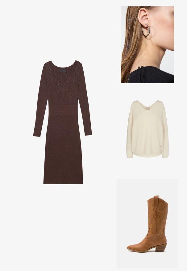 Smeđa pončo s uzorkom i rese, izrađena od mekane tkanine. Nosena preko rebrastih smešnih haljina s dubokim V-izrezom i prilagođenim krojem.; Kremasti pleteni pulover s V-izrezom, spuštenim ramenima i opuštenim krojem. Ima mekanu teksturu i mali logotip sa strane.; Smeđi rebrasti haljina dugih rukava s zaobljenim izrezom i prilagodljivim krojem. Sadrži V-oblika šavove na tijelu.; Smeđe kožne kaubojke s oštrim nosom, izvezenim spiralnim uzorcima na gornjem dijelu i blok petom. Imaju potporu za lakše obuvanje.; Srebrna kružna naušnica s poliranim završetkom, koja ima male zlatne detalje i okrugli oblik, nošena na uhu.