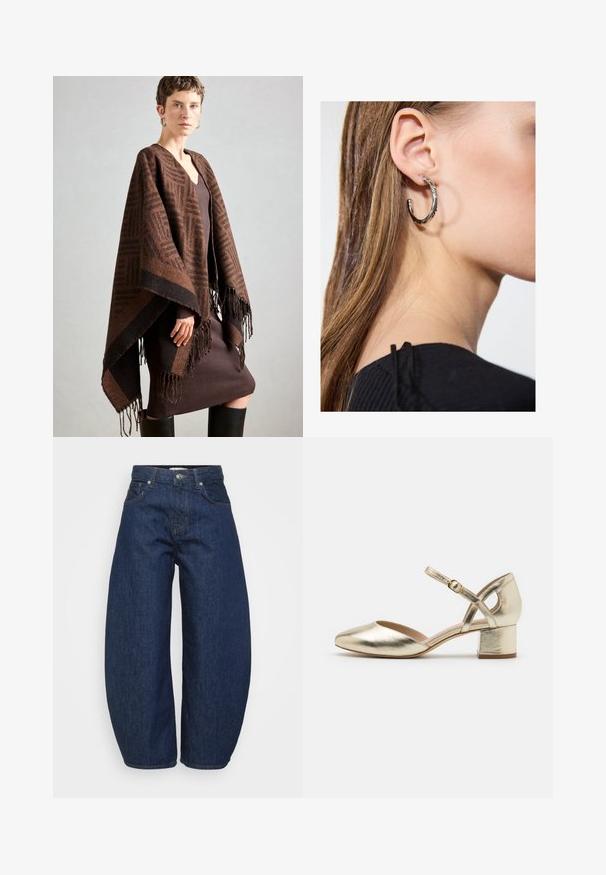 Poncho marrón con estampado y flecos, hecho de tejido suave. Capas sobre un vestido marrón acanalado, que presenta un escote en V profundo y una silueta ajustada.; Blusa blanca de manga larga con cuello clásico, cierre frontal de botones y detalle fruncido en los laterales. Tejido suave con una forma entallada.; Vaqueros de denim azul oscuro con un corte ancho y relajado. Presentan cierre de cremallera, cuatro bolsillos y costuras en contraste a lo largo de las costuras.; Zapatos de tacón metálico dorado con puntera redonda, tira en el tobillo y tacón de bloque. Textura suave con un acabado brillante y diseño de tiras cruzadas.; Pendiente de aro de plata con un acabado pulido, que presenta pequeños detalles en dorado y una forma redonda, llevado en el lóbulo.