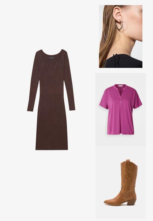 Poncho maro cu model și franjuri, realizat dintr-un material moale. Purtat peste o rochie maro cu dungi, cu decolteu adânc în V și siluetă ajustată.; Bluză scurtă cu mânecă scurtă, de culoare mov, cu guler mandarin și sistem de închidere cu trei nasturi. Fabricată dintr-un material fin și ușor. Design simplu.; Rochie lungă, cu mâneci lungi, de culoare maro, cu decolteu rotund și siluetă ajustată. Include un detaliu de cusătură în formă de V pe corp.; Botă de cowboy din piele maro cu vârf ascuțit, cu modele brodate în spirală pe tambur și un toc bloc stratificat. Are o bucată pentru prindere pentru a fi îmbrăcată ușor.; Cercel din argint cu un finisaj polișat, având detalii mici din aur și o formă rotundă, purtat pe lobul urechii.