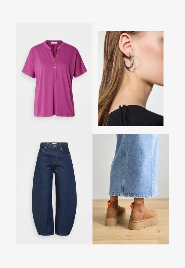 Barna mintás poncsó rojttal, puha anyagból készült. Egy bordázott barna ruhára van ráterítve, amely mély V-nyakkal és testhez simuló fazonnal rendelkezik.; Lila, rövid ujjú blúz mandarin gallérral és három gombos kivágással. Simább, könnyű anyagból készült. Egyszerű dizájn.; Magas derekú sötétkék farmernadrág széles lábakkal, elöl gombbal és cipzárral záródik, klasszikus öt zsebes kialakítással.; Barna velúr platform csizmák elasztikus oldalsó panelekkel és narancssárga húzófülekkel, amelyek egy térdközépig érő világoskék farmer szoknyával vannak párosítva egy fás padlón.; Ez egy ezüst fülbevaló, sima felülettel, amelyen apró arany díszítőelemek találhatók. Kerek formájú és a fülcimpán viselik.