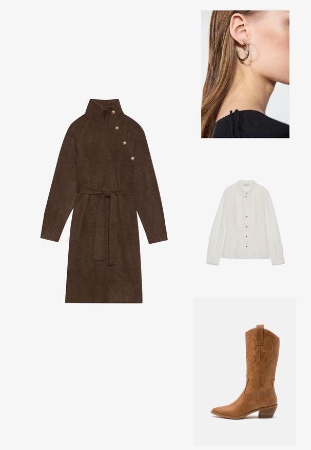 Smeđa pončo s uzorkom i rese, izrađena od mekane tkanine. Nosena preko rebrastih smešnih haljina s dubokim V-izrezom i prilagođenim krojem.; Bijela košulja s dugim rukavima, s teksturiranom tkaninom, dijamantnim uzorkom i oštrim ovratnikom. Ima srebrne gumbe i manžete.; Smeđi pleteni džemper haljina s visokim rebrastim ovratnikom, bočnim dugmadi i remenom od istog materijala. Rebrasti manžeti i donji rub dodaju teksturu.; Smeđe kožne kaubojke s oštrim nosom, izvezenim spiralnim uzorcima na gornjem dijelu i blok petom. Imaju potporu za lakše obuvanje.; Srebrna kružna naušnica s poliranim završetkom, koja ima male zlatne detalje i okrugli oblik, nošena na uhu.