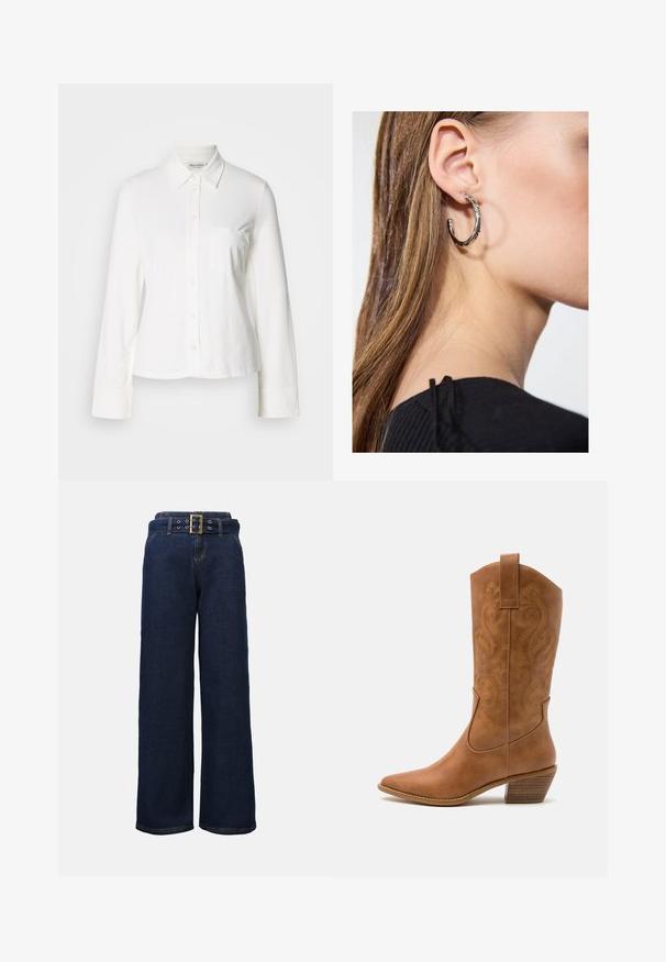 Brūns rakstains pončo ar franjām, izgatavots no mīkstas auduma. Valkāts virs ribota brūna kleitas, kurai ir dziļa V-veida kakla izgriezums un pieguļošs siluets.; Balta garām piedurknēm pogājama krekls ar izteikta apkakle, priekšējo krūšu kabatu un apmatotiem piedurkņu galiem, attēlota uz vienkārša fona.; Tumši zili platlegu denimi bikses ar izšūtām kabatām un saderīgu jostu, kurai ir liels taisnstūrains zelta sprādze.; Brūni ādas kovboju zābaks ar norādītu purngalu, izšūtām viļņveida apakšējo detaļu un sakrautajiem blokiem. Iezīmēts ar velkšanas cilpu ērtai uzvilkšanai.; Sudraba auskars ar pulētu apdari, ar maziem zelta akcentiem un apaļu formu, uz ausu ļipiņas.