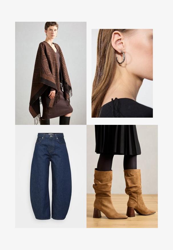 Barna mintás poncsó rojttal, puha anyagból készült. Egy bordázott barna ruhára van ráterítve, amely mély V-nyakkal és testhez simuló fazonnal rendelkezik.; Even&Odd Petite 2 PACK - Felső - light grey/black; Magas derekú sötétkék farmernadrág széles lábakkal, elöl gombbal és cipzárral záródik, klasszikus öt zsebes kialakítással.; Barna velúr, laza bokacsizmák, hegyes orral és rétegelt fából készült sarkakkal. Fekete harisnyával és pliszírozott fekete szoknyával viselve.; Ez egy ezüst fülbevaló, sima felülettel, amelyen apró arany díszítőelemek találhatók. Kerek formájú és a fülcimpán viselik.