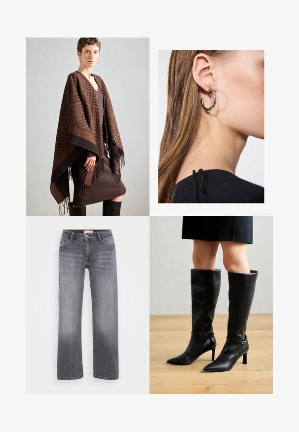 Brūns rakstains pončo ar franjām, izgatavots no mīkstas auduma. Valkāts virs ribota brūna kleitas, kurai ir dziļa V-veida kakla izgriezums un pieguļošs siluets.; Even&Odd Petite 2 PACK - Tops - light grey/black; Pelēki džinsi ar taisnu kāju dizainu, piecu kabatu stils, viegla izbalēšana un pogas aizdare viduklī.; Melnas ceļgala augstuma zābakus ar smailu purngalu, augstu papēdi, gludu ādas materiālu, sānu rāvējslēdzēju un siksnu ar metāla sprādzi.; Sudraba auskars ar pulētu apdari, ar maziem zelta akcentiem un apaļu formu, uz ausu ļipiņas.