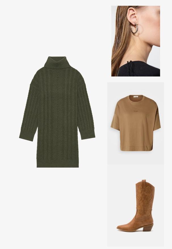 Brun mønstrete poncho med frynser, laget av myk stoff. Lagt over en ribbet brun kjole med dyp V-hals og tettsittende silhuett.; Brun oversized T-skjorte med korte ermer, rund hals og subtil logo-detaljering i svart. Myk stoff med en glatt tekstur.; Oliven grønn genser med høy hals, med et strukturert kabelstrikkmønster med vertikale striper og trekvartlange ermer.; Brune lær cowboy støvel med spiss tå, broderte svirvlende mønstre på skaftet og en stablet blokk hæl. Har en trekksløyfe for enkel påkledning.; Sølv ringøredob med en polert finish, med små gull detaljer og en rund form, båret på øreflippen.
