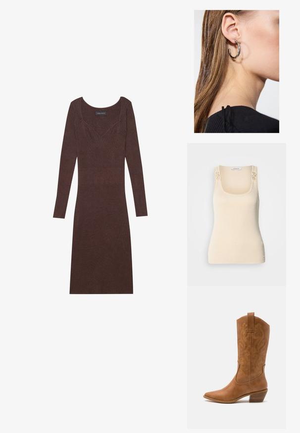 Brunmönstrad poncho med fransar, tillverkad av mjukt tyg. Lager över en ribbad brun klänning med djup V-ringning och figurnära silhuett.; Beige ärmlös topp i ribbat material med fyrkantig uringning och dekorativt guldfärgat hardware på axelremmarna.; Brun, ribbad långärmad klänning med rundad halsringning och figurnära siluett. Har v-formad sömnadsdekoration på bysten.; Bruna lädercowboystövlar med spetsig tå, broderade virvelmönster på skaftet och en staplad blockklack. Har en dragflik för enkel påtagning.; Silverörhänge med polerad yta, med små detaljer i guld och rund form, bärs på loben.