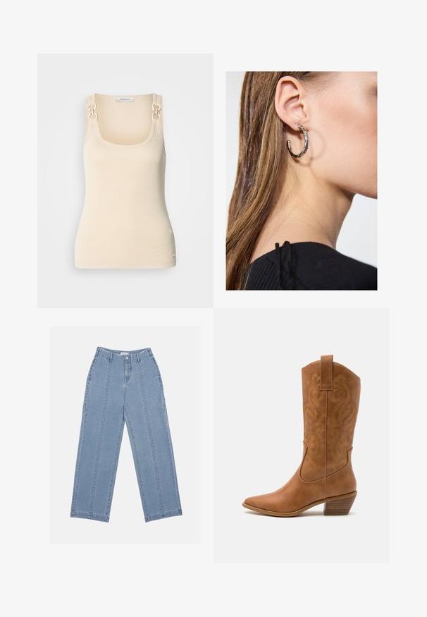 Braun gemusterter Poncho mit Fransen, aus weichem Stoff. Über einem ribbelten braunen Kleid getragen, das einen tiefen V-Ausschnitt und eine figurbetonte Silhouette hat.; Beige ärmelloses Top in gerippter Textur mit quadratischem Ausschnitt und dekorativem Hardware in Goldton an den Schulterträgern.; Hellblaue weite Jeans aus Denim. Mit hoher Taille, Knopfschluss und sichtbaren Nähten. Auf der Vorderseite sind keine Taschen sichtbar.; Braune Leder-Cowboy-Stiefel mit spitzem Zehenbereich, bestickten Wirbelmustern am Schaft und einem gestapelten Blockabsatz. Verfügt über einen Ziehriemen für das einfache Anziehen.; Silberne Creolen mit polierter Oberfläche, die kleine goldene Akzentdetails und eine runde Form aufweisen, am Ohrläppchen getragen.