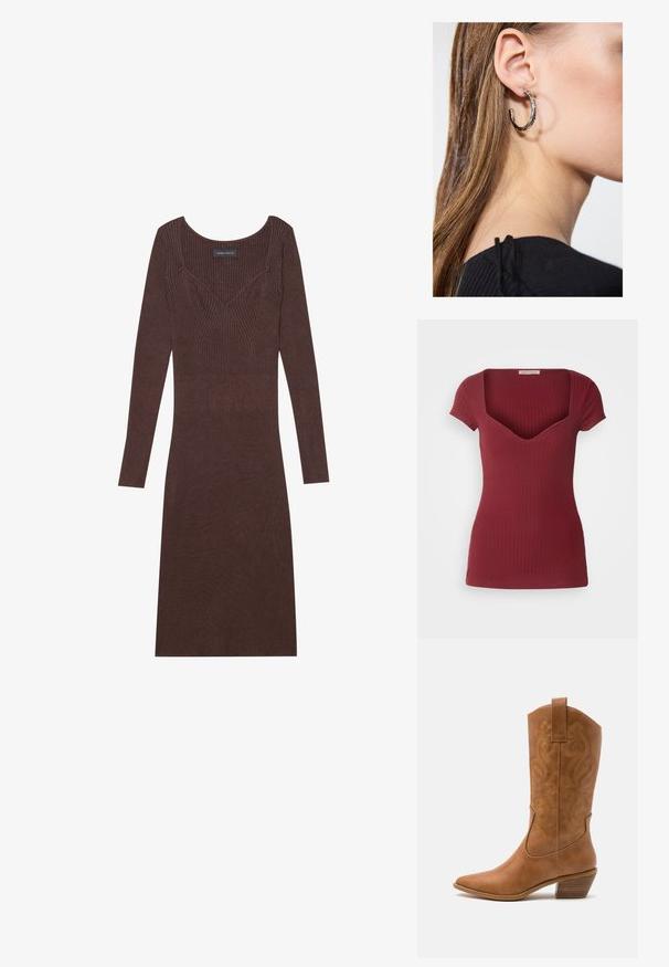 Brown patterned poncho with fringe, made of soft fabric. Layered over a ribbed brown dress, featuring a deep V-neck and fitted silhouette.; Ribbed burgundy top with a fitted design, short sleeves, and a deep V-neck. Made from soft fabric, featuring a smooth texture.; Brown ribbed long-sleeve dress with a scoop neckline and fitted silhouette. Features v-shaped stitching detail on the bodice.; Tan leather cowboy boot with pointed toe, embroidered swirl patterns on shaft, and a stacked block heel. Features a pull tab for easy wear.; Silver hoop earring with a polished finish, featuring small gold accent details and a round shape, worn on the lobe.