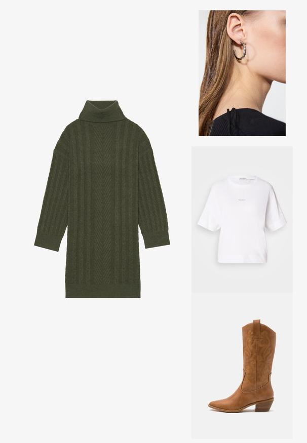 Brunmönstrad poncho med fransar, tillverkad av mjukt tyg. Lager över en ribbad brun klänning med djup V-ringning och figurnära silhuett.; Vit oversized t-shirt tillverkad av mjukt material, med rund halsringning och korta ärmar. Litet logo tryckt mitt fram.; Olivgrön polotröja med en texturerad kabelstickad mönster och vertikala ränder samt ärmar i tre fjärdedelar.; Bruna lädercowboystövlar med spetsig tå, broderade virvelmönster på skaftet och en staplad blockklack. Har en dragflik för enkel påtagning.; Silverörhänge med polerad yta, med små detaljer i guld och rund form, bärs på loben.