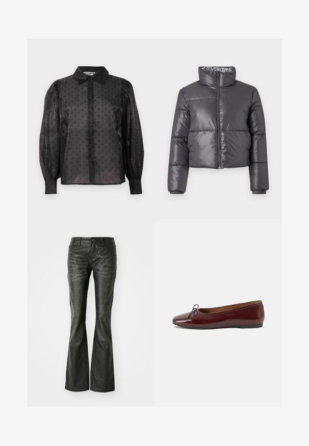 Black puffer jacket with a high collar, zip front, and quilted sections. Features a smooth, shiny exterior and a patterned lining.; Black sheer blouse with small heart patterns, long puffed sleeves, button-down front, and a classic collar.; Black faux leather flared jeans with front pockets, a metal button closure, and a slightly textured surface. Straight leg with a long cut.; Burgundy patent leather ballet flat with a rounded toe, small bow accent at the front, and a low, black rubber sole. Smooth texture.