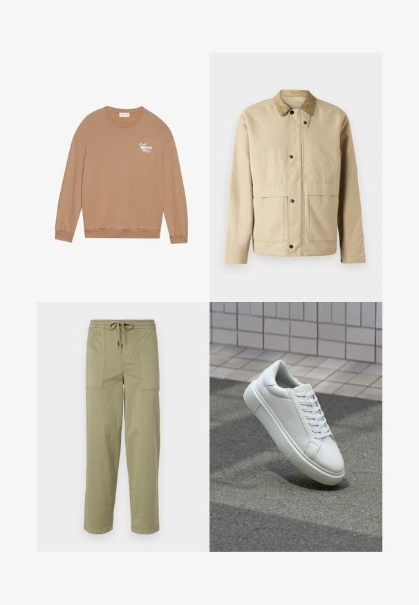 Bēša jakas ar kordorēda apkakli, spiedpogām, divām priekšējām kabatām un nedaudz pieguļošu formu. Izgatavota no gludas auduma.; Brūna kokvilnas sporta krekls ar garām piedurknēm, apaļu kaklu un baltu uzrakstu "Fresh Coffee" uz krūtīm. Ievērojami ir ribotas piedurknes un apakšmala.; Gaišolīci zaļas bikses no kokvilnas maisījuma auduma, ar elastīgu jostu un saiti, kā arī divām lielām sānu kabatām.; Baltas ādas sporta apavi ar gludu virsmu, apaļu pirkstu un plakanām baltām šņorēm. Iezīmējas ar strukturētu gumijas zoli un minimālisma dizaina elementiem.