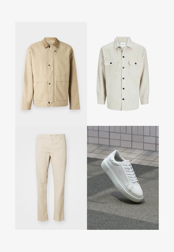 Beige jakke med kordfløyelsbluse, trykknapper, to frontlommer og en lett justert fasong. Laget av glatt stoff.; Beige flanellskjorte med kragehals, to brystlommer, svarte knapper og lange ermer med knappebånd.; Beige bomullsbukser med rett passform, som har knappelukking, frontlommer og en glatt tekstur.; Hvit lær sneaker med glatt overflate, rund tå og flate hvite snøringer. Har en teksturert gummisåle og minimale design elementer.