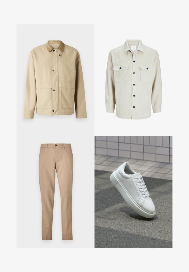 Beige jacket with a corduroy collar, snap buttons, two front pockets, and a slightly fitted shape. Made of smooth fabric.; Beige flannel shirt with a collared neckline, featuring two chest pockets, black buttons, and long sleeves with buttoned cuffs.; Beige tailored trousers made of a smooth fabric, featuring a button closure, belt loops, and slim-fit design with a straight leg.; White leather sneaker with a smooth surface, round toe, and flat white laces. Features a textured rubber sole and minimal design elements.