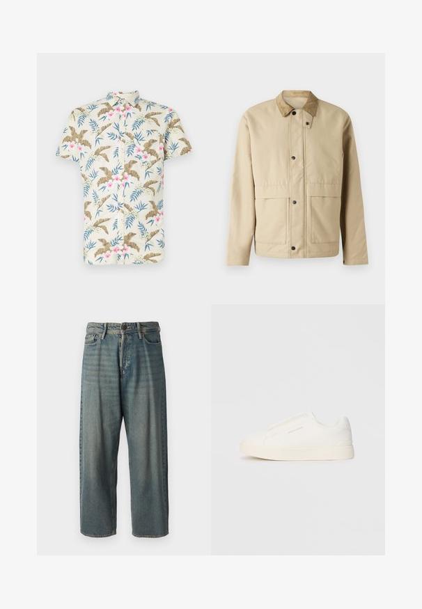 Bež žaket, millel on sametist krae, nööbid, kaks esist taskut ja kergelt taljes lõige. Valmistatud siledast kangast.; Lühikeste varrukatega särk heledast beežist puuvillast, millel on troopiline lillemuster roosa ja sinise aktsendiga ning nööpidega eest.; Heledad sinine denim-stiilis teksad, volüümse lõike, keskmise kõrgusega talje ja sirgete säärega. Omab viit taskut, vöökumme ja nööpide sulgemist.; Valged libisemiskindlad tossud tekstuuriga pinnaga, paksu tallaga ja minimalistikus disainis. Küljel on brändi logo.