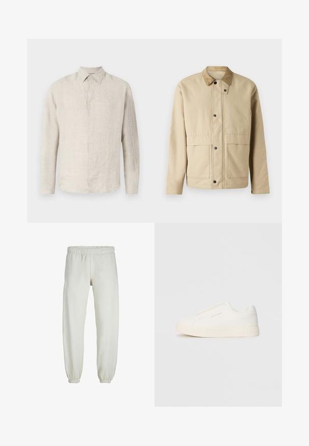 Beige jakke med et kordfløjskrave, trykknapper, to forlommer og en let fitted pasform. Lavet af blødt stof.; Lys beige linned skjorte med knaplukning, spidse krave, lange ærmer og subtil tekstur; har seks matchende knapper på fronten.; Hvide sweatpants lavet af blødt stof, med elastisk talje og håndled, der har en glat tekstur og løs pasform.; Hvide slip-on sneakers med en struktureret overflade, en tyk sål og et minimalistisk design. Har brandlogoet på siden.
