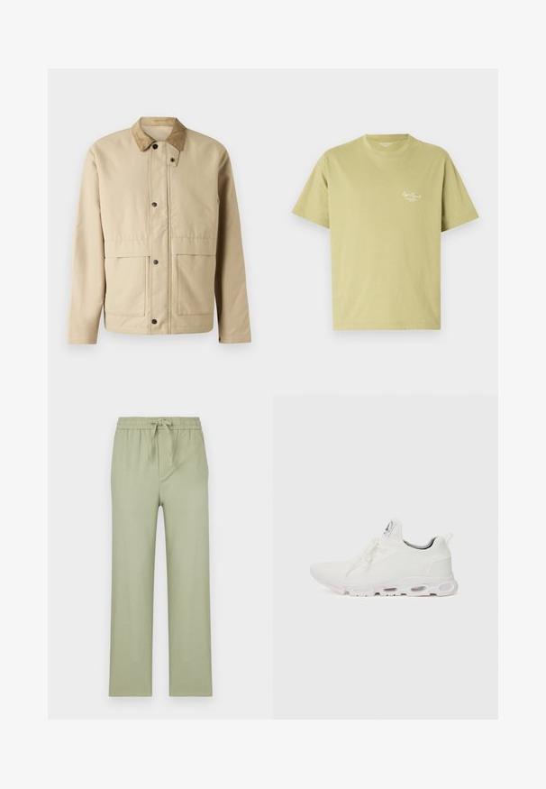 Béžová bunda s kordurovým golierom, patentkami, dvoma prednými vreckami a mierne priliehavým strihom. Vyrobená z hladkej tkaniny.; Svetlozelené bavlnené tričko s krátkymi rukávmi, okrúhlym výstrihom a malým bielym logom na text v oblasti ľavej hrude.; Nohavice v svetlej olivovej farbe, vyrobené z mäkkej tkaniny. Majú elastický pás so zaväzovaním a rovné voľné nohavice.; Biele športové topánky so štruktúrovaným pleteným zvrškom, plochými šnúrkami a odpruženou podrážkou s viditeľnými vzduchovými komorami pre dodatočnú podporu.