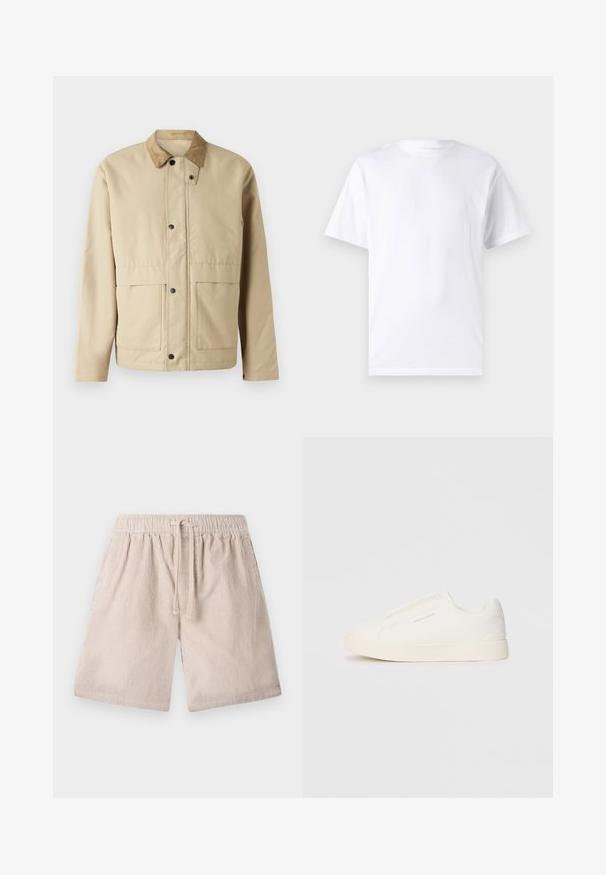 Béžová bunda s kordurovým golierom, patentkami, dvoma prednými vreckami a mierne priliehavým strihom. Vyrobená z hladkej tkaniny.; Biela krátka rukávová tričko vyrobené z bavlny s okrúhlym výstrihom, s hladkou textúrou a jednoduchým dizajnom bez vzorov alebo akcentov.; Béžové kordové šortky s elastickým pásom a šnúrkou, so zvislým rebrovaným vzorom a bočnými vreckami.; Biele slip-on tenisky s textúrovaným povrchom, hrubou podrážkou a minimalistickým dizajnom. Obsahuje logo značky na boku.