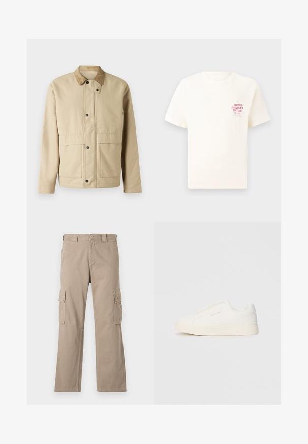 Beige jacket with a corduroy collar, snap buttons, two front pockets, and a slightly fitted shape. Made of smooth fabric.; White short-sleeve T-shirt with red text "Studio Originals Edition" on left chest, displayed on a neutral gray background.; Beige cargo pants made of cotton with a straight leg design, featuring two cargo pockets on the sides and a button closure at the waist.; White slip-on sneakers with a textured surface, a thick sole, and minimalistic design. Features brand logo on the side.