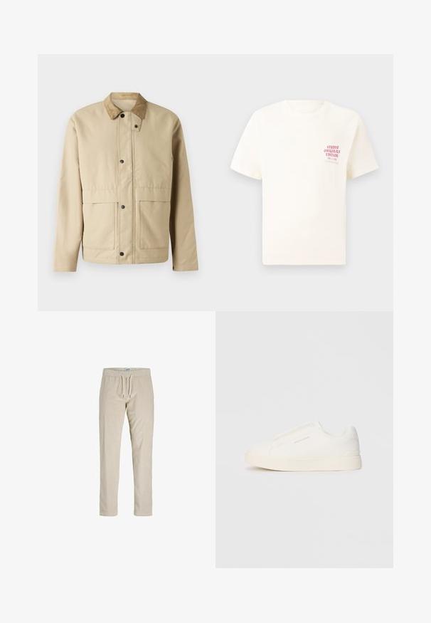 Beige jacka med en kordfl.tvillspets, tryckknappar, två framfickor och en något figursydd form. Tillverkad av ett slätt tyg.; Vit kortärmad T-shirt med röd text "Studio Originals Edition" på vänster bröst, är uppställd på en neutral grå bakgrund.; Beiga kordflöjlsbyxor med dragsko i midjan, raka ben och vertikal ribbad textur. Inga fickor eller ytterligare dekorationer.; Vita slip-on sneakers med en texturerad yta, en tjock sula och minimalistisk design. Har varumärkeslogotypen på sidan.