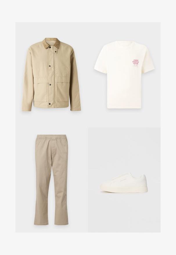 Beige jacket with a corduroy collar, snap buttons, two front pockets, and a slightly fitted shape. Made of smooth fabric.; White short-sleeve T-shirt with red text "Studio Originals Edition" on left chest, displayed on a neutral gray background.; Beige, cotton pants with an elastic waistband, straight leg design, and side seam pockets, featuring a smooth texture and no patterns.; White slip-on sneakers with a textured surface, a thick sole, and minimalistic design. Features brand logo on the side.