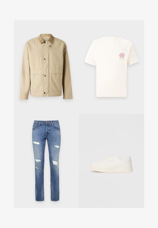 Beige jacket with a corduroy collar, snap buttons, two front pockets, and a slightly fitted shape. Made of smooth fabric.; White short-sleeve T-shirt with red text "Studio Originals Edition" on left chest, displayed on a neutral gray background.; Blue denim jeans with a slightly faded finish, featuring multiple distressed rips and straight leg design. Button closure at the waist.; White slip-on sneakers with a textured surface, a thick sole, and minimalistic design. Features brand logo on the side.