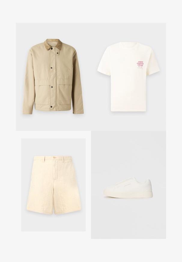 Beige jakke med et kordfløjskrave, trykknapper, to forlommer og en let fitted pasform. Lavet af blødt stof.; Hvid kortermet T-shirt med rød tekst "Studio Originals Edition" på venstre bryst, vist på en neutral grå baggrund.; Beige linnedeleshorts med en skræddersyet pasform, der har en frontknaplukning, to sidelommer og en subtil tekstur.; Hvide slip-on sneakers med en struktureret overflade, en tyk sål og et minimalistisk design. Har brandlogoet på siden.