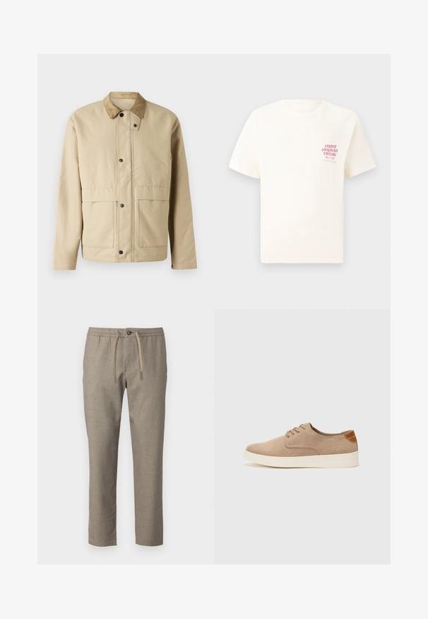 Casaco bege com colarinho de veludo cotelê, botões de pressão, dois bolsos frontais e uma forma ligeiramente ajustada. Feito de um tecido liso.; T-shirt branca de mangas curtas com o texto vermelho "Edição Originais do Estúdio" no lado esquerdo do peito, apresentada sobre um fundo cinza neutro.; Calças bege com uma cintura elástica, fecho por cordão e corte reto. O material possui uma textura subtil.; Sapatilhas de camurça bege com bico arredondado, fecho de atacadores na parte da frente e um detalhe texturizado na parte de trás. A sola de borracha branca proporciona contraste. Design simples e moderno.