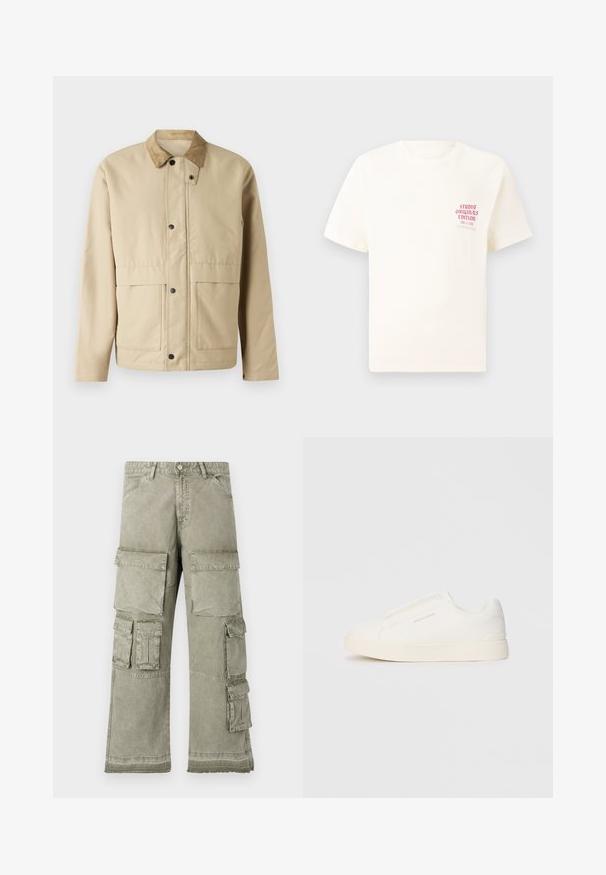 Beige jacket with a corduroy collar, snap buttons, two front pockets, and a slightly fitted shape. Made of smooth fabric.; White short-sleeve T-shirt with red text "Studio Originals Edition" on left chest, displayed on a neutral gray background.; Cargo pants in light olive green, featuring multiple large pockets, a wide-leg design, and raw hem detailing. Made from durable fabric.; White slip-on sneakers with a textured surface, a thick sole, and minimalistic design. Features brand logo on the side.
